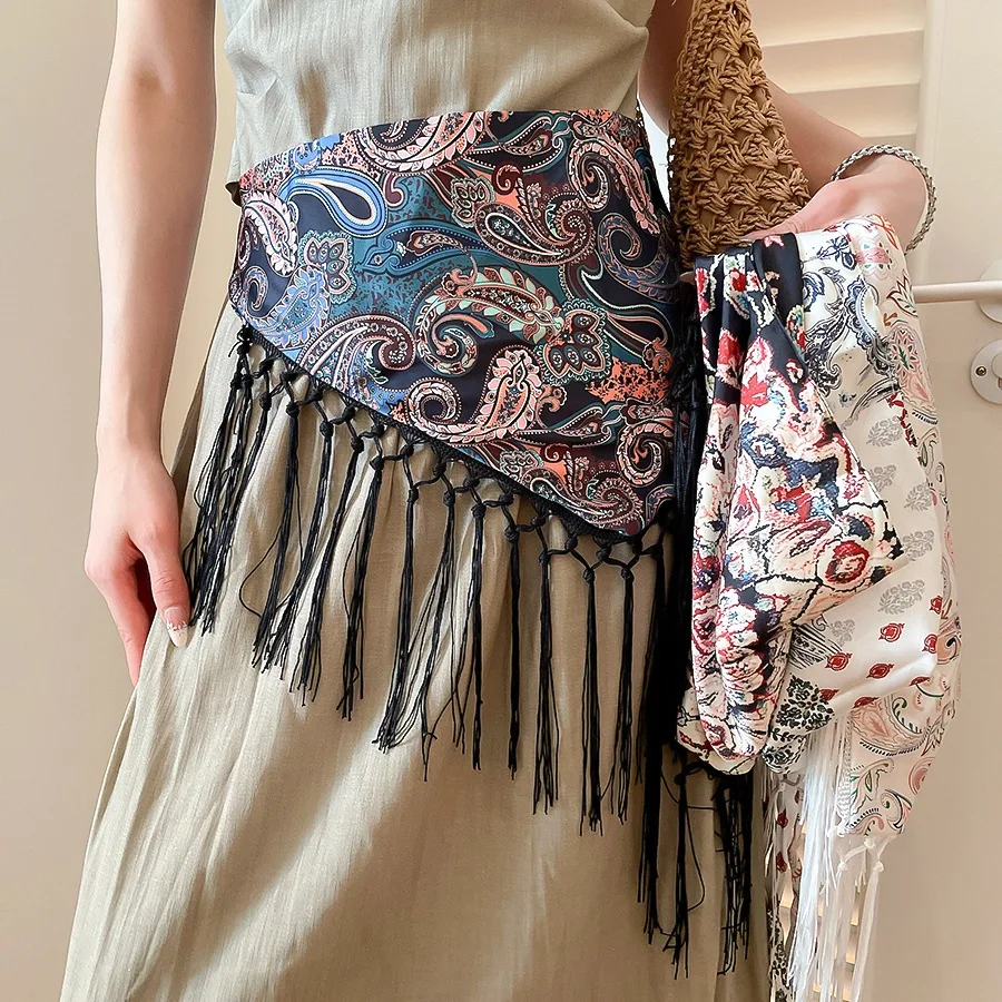 Vintage Floral Tassel Triangle Women Irregular Fringe Wrap Waist Scarf Korean Fashion Boho Beach Vacation Jeans Body Accessory