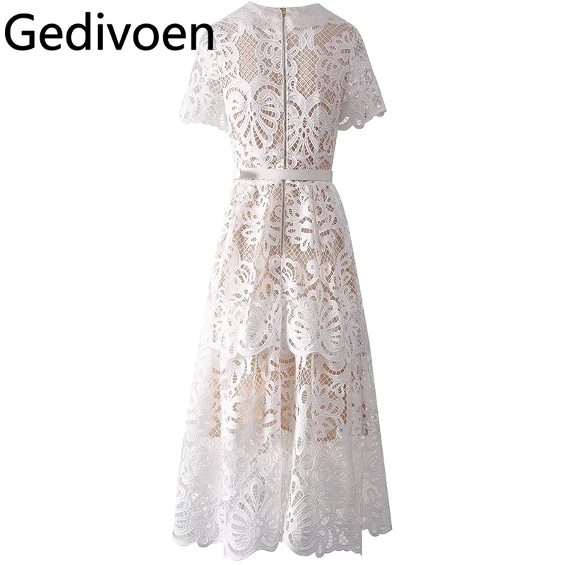 Gedivoen-vestidos de diseñador de pasarela de moda de verano para mujer, Vintage, Color sólido, bordado ahuecado, cuentas de uñas, fajas, vestidos de encaje