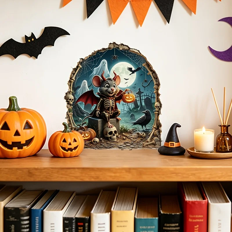 1Pc 2D Halloween Devil Mouse Hole Wall Sticker, Removable Ghost Skeleton Pumpkin Decal for Bathroom Living Room Halloween Party