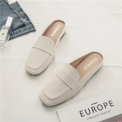 Baotou Half Slippers Women 2024 New Fashion Flat Soft Leather Slip-on Lazy Soft Sole Flat Shoes Zapatos Mujer Women Shoes