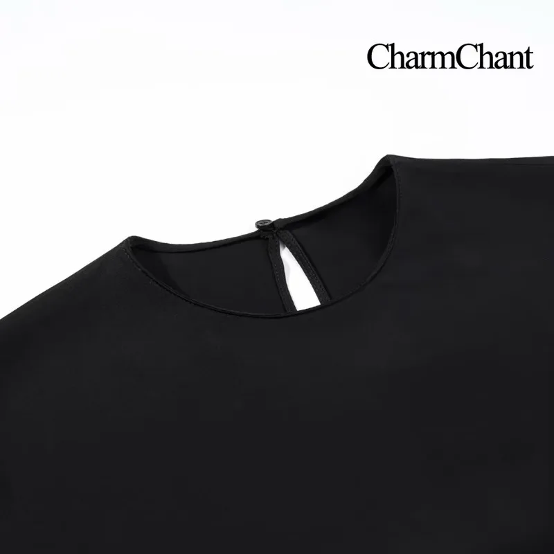 CharmChant Camicia a maniche lunghe in pizzo asimmetrico in raso nero per donna Y2k Harajuku Moda elegante camicia senza maniche camicetta femminile