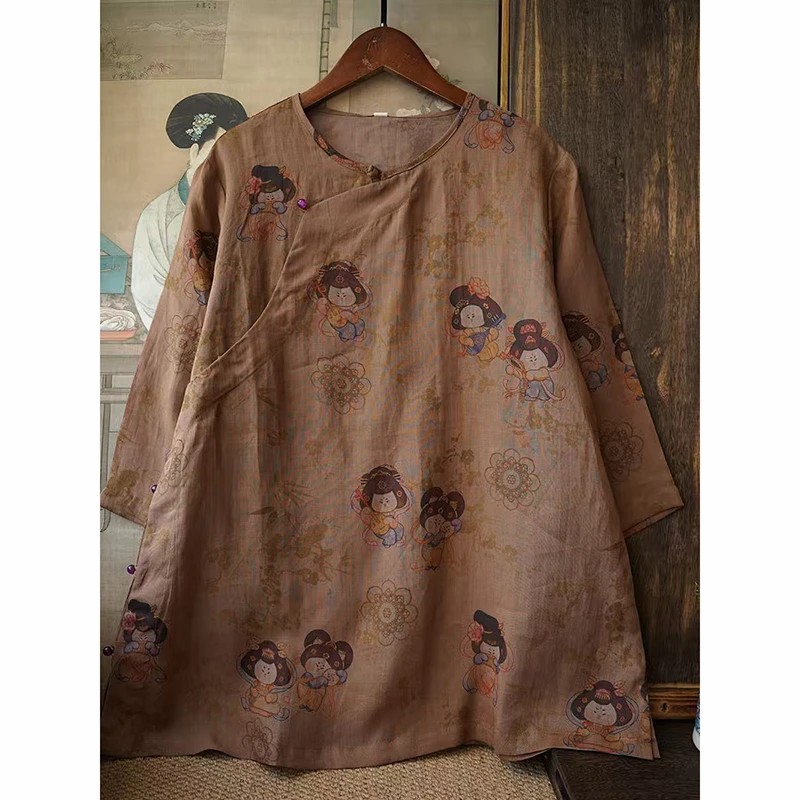 

Весна-лето, женская однобортная свободная блузка с рукавом 3/4 по бокам, высокое качество, винтажные повседневные рубашки Ramie с принтом B085