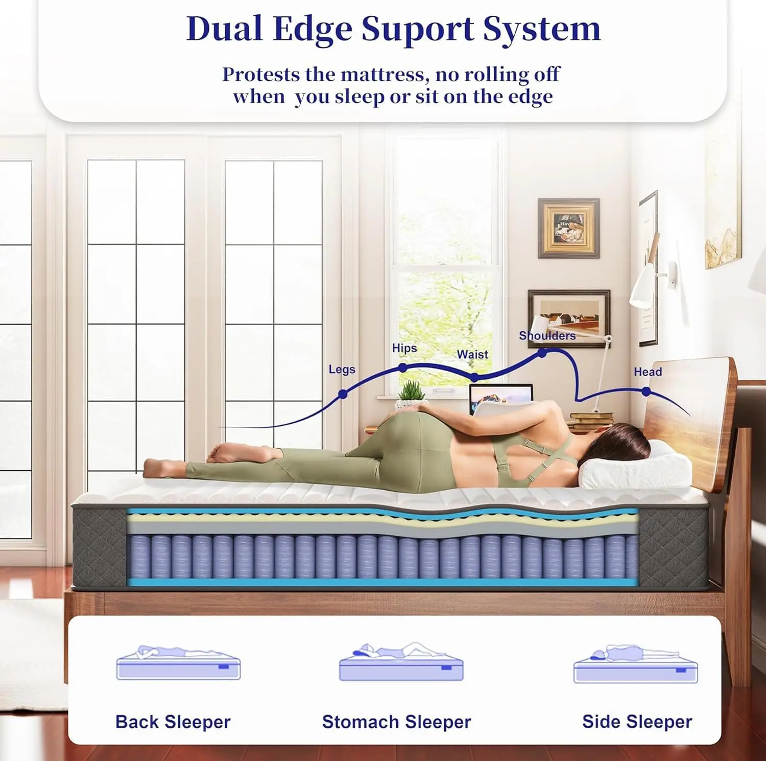 10 Inch Full Size Hybrid Mattress in a Box, Medium Firm Feel, Pocket Spring and 7-Zone Memory Foam Design for Full Body Support and Pressure Relief