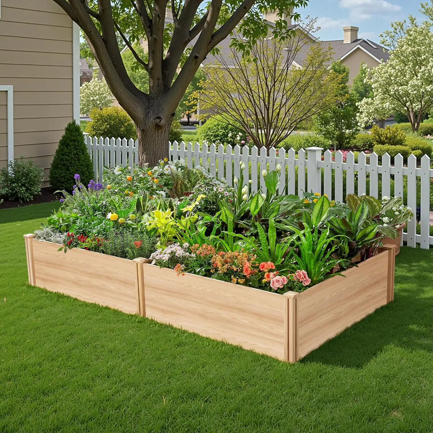 Outdoor Gardening Wood Planter Box, 8x4 Ft with 15 Inch Depth, Open Base for Vegetables, Herbs, and Flowers