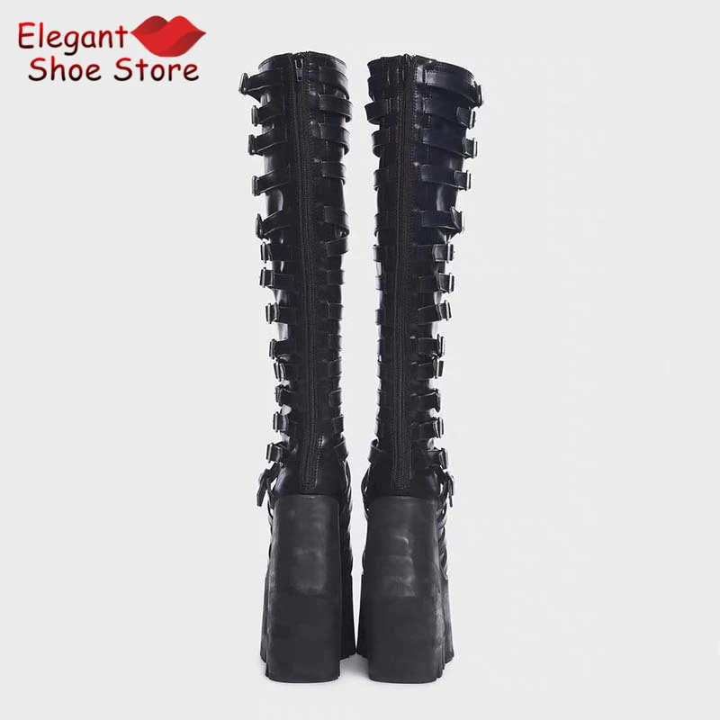 

Punk Platform Chunky Heel Knee High Boots Women's Black Belt Buckle Thick Soled Strange Heel Long Boots Y2K Spicy Girl Shoes