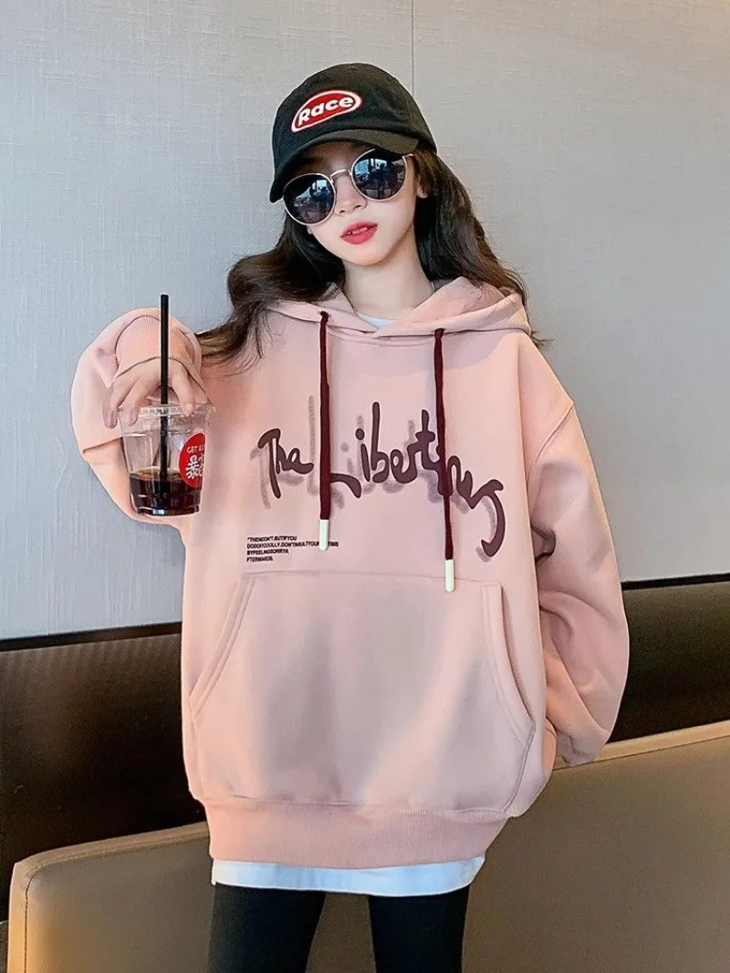 Stylish Tween Girls' Oversized Fleece-Lined Hooded Sweatshirt Casual Wear for Kids - Warm & Comfortable Autumn/Winter Outerwear