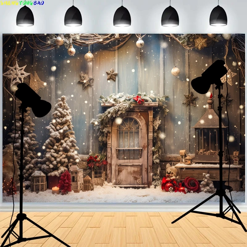 Christmas Tree With Gift Boxes Photography Backdrops Winter Snow Decorations Wooden Door Fireplace Room Background Props WR-17