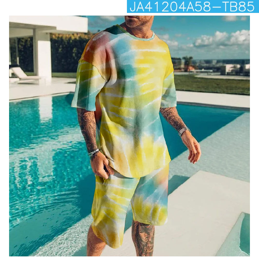 Summer Gradient Rainbow Men's Sets Fashion Tracksuits Casual Breathable Short Sleeve 3D Printed Sports T-shirt+Shorts Set