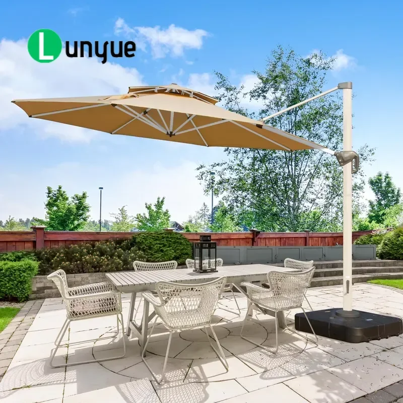 12Ft Aluminum Cantilever Patio Umbrella Double Top Large Windproof Offset Umbrella with 360 Swivel for Garden Deck Pool