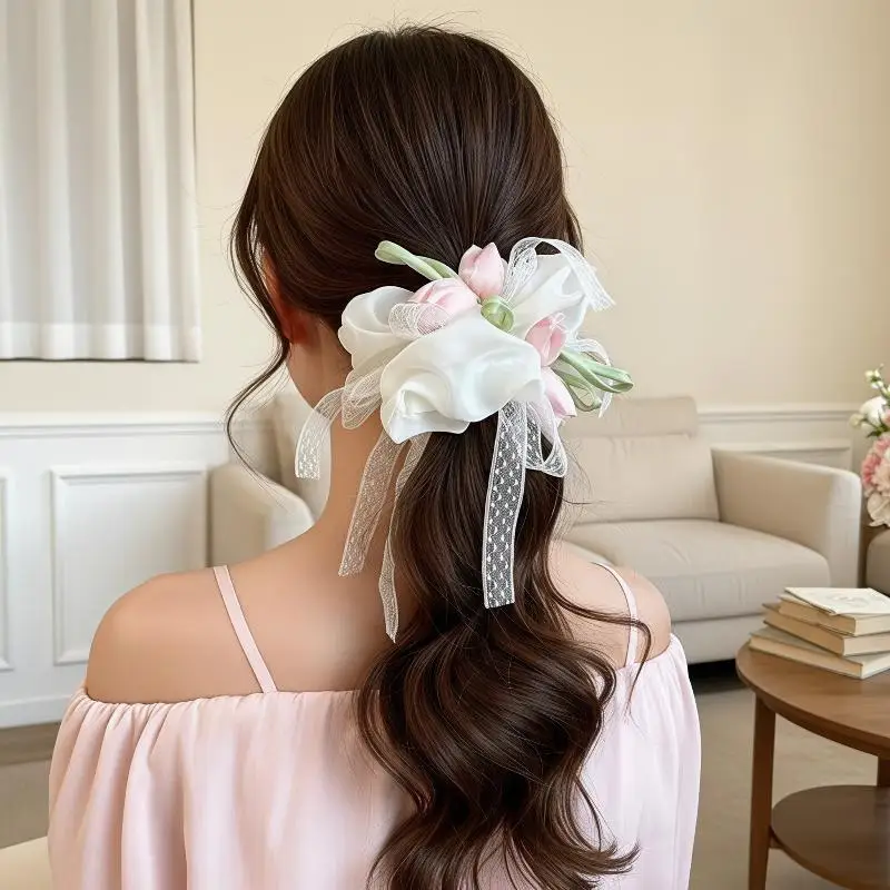 Women's Hair Scrunchies New Korean Tulips Sweet Gentle Lace Versatile Elastic Hair Bands High-quality Hair Accessories For Girl