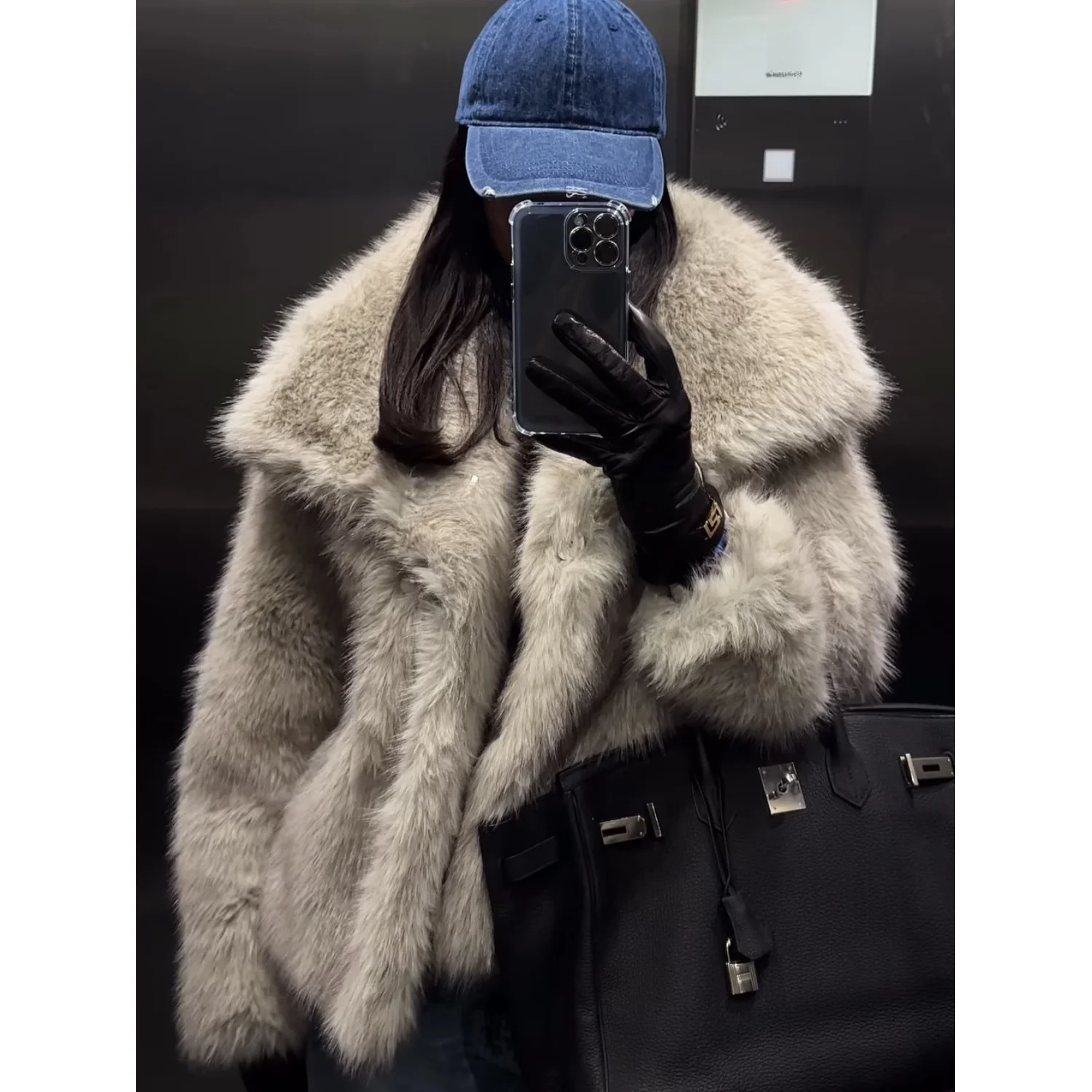Women's Pure Color Artificial Fur Collar Coat Autumn Winter Fashion Outerwear Short Style Long Sleeve Elegant Lady's Coat