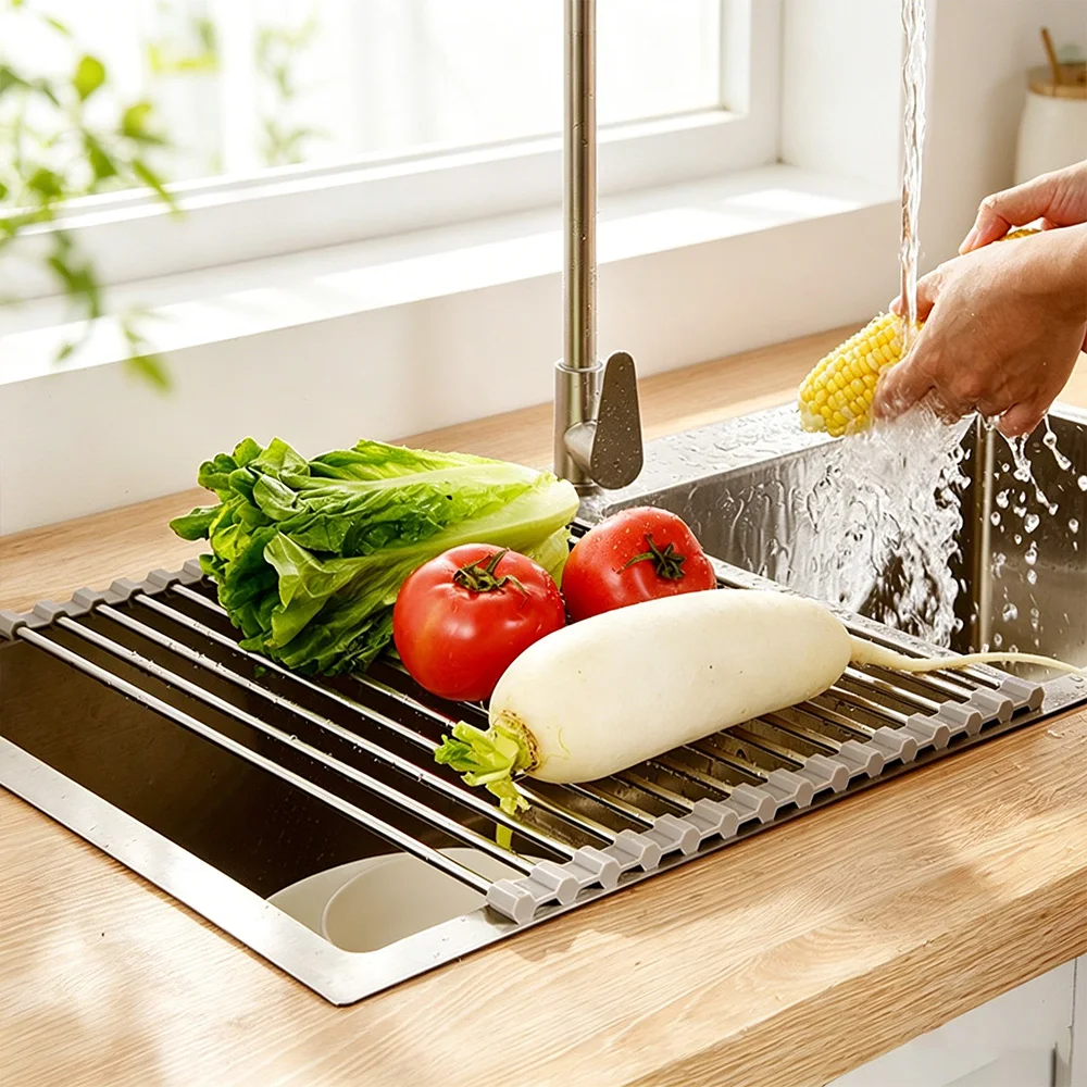 Kitchen Multifunctional Foldable Sink Drain Rack Stainless Steel Dish Fruit Drying Storage Shelf Bowl Organizer view 6