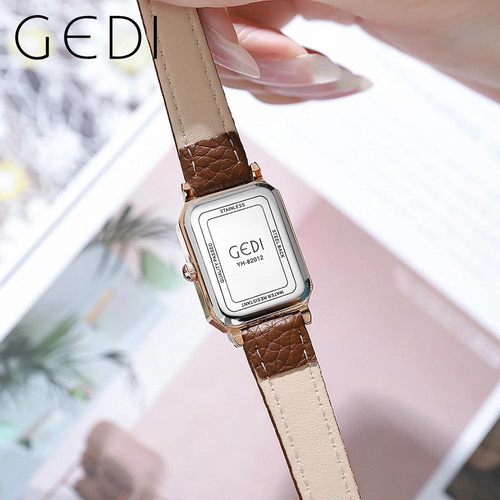 Fashion Gedi Top Brand Waterproof Rectangle Small Women Watches Vintage Coffee Leather Strap Casual Quartz Ladies Wrist Watches