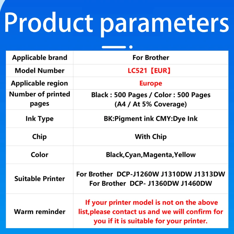 LC521 LC-521 ink cartridge suitable For Brother DCP-J1260W DCP-J1310DW DCP-J1313DW DCP-J1360DW J1460DW Printer