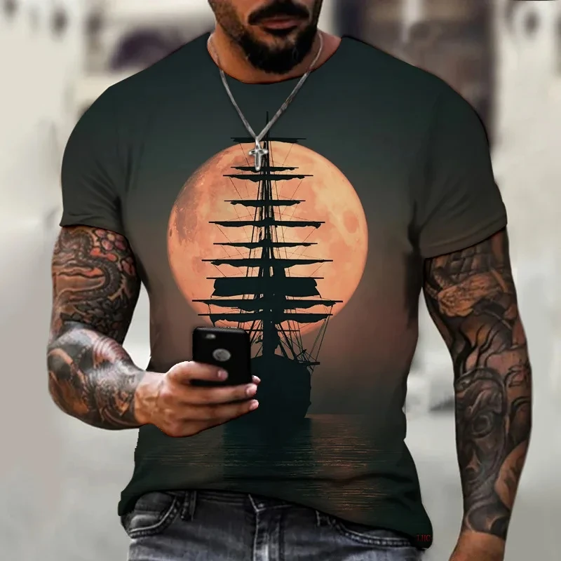 Vintage Men's Graphic T Shirts 3D Printing Pirate Ship Crew Neck Short Sleeve T-shirt For Men Oversized Clothing Homme Camiseta