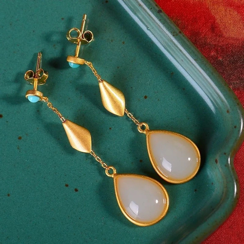 QEENKISS 24KT Gold Vintage Water Drop Stud Earrings For Women Fine Wholesale Jewelry Wedding Party Bride Lady Mother Gift EG5242