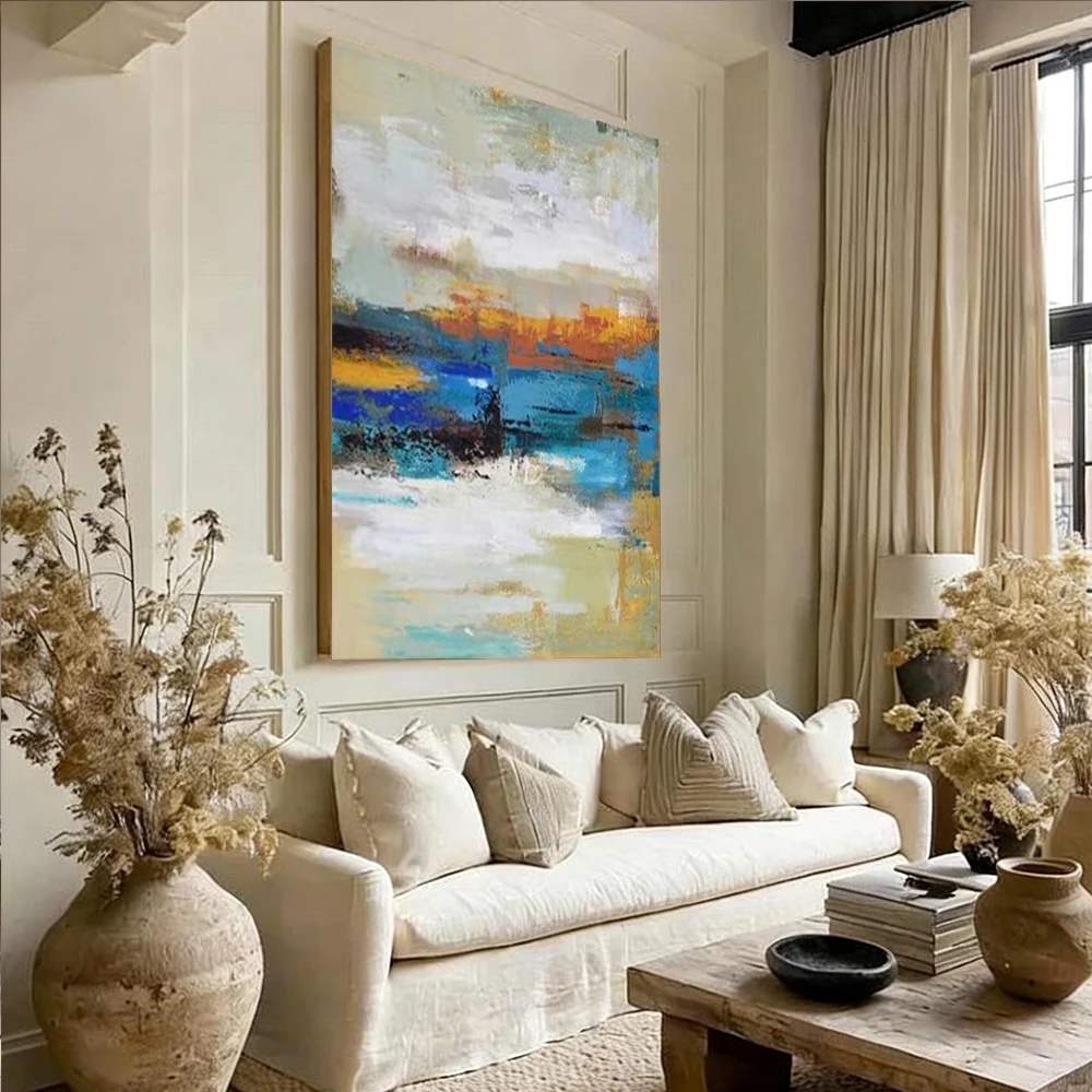 100% Hand Painted Abstract Oil Painting Golden Horizon Wall Art Picture On Canvas pattern Mural For Living Room Home Decor Paint