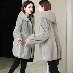 Ladies Fashion Lmitation Mink Fur Tops Women Large Size 5XL Hooded Faux Fur Coat Winter Female Medium Long Styles Plush Jacket