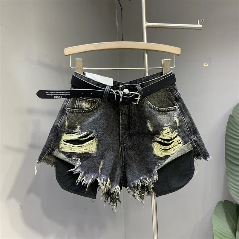 Ripped Denim Shorts Korean Style Female 2024 Summer Patchwork A-line High-waisted Wash Blue Sexy Jeans Street Fashion 4 Color