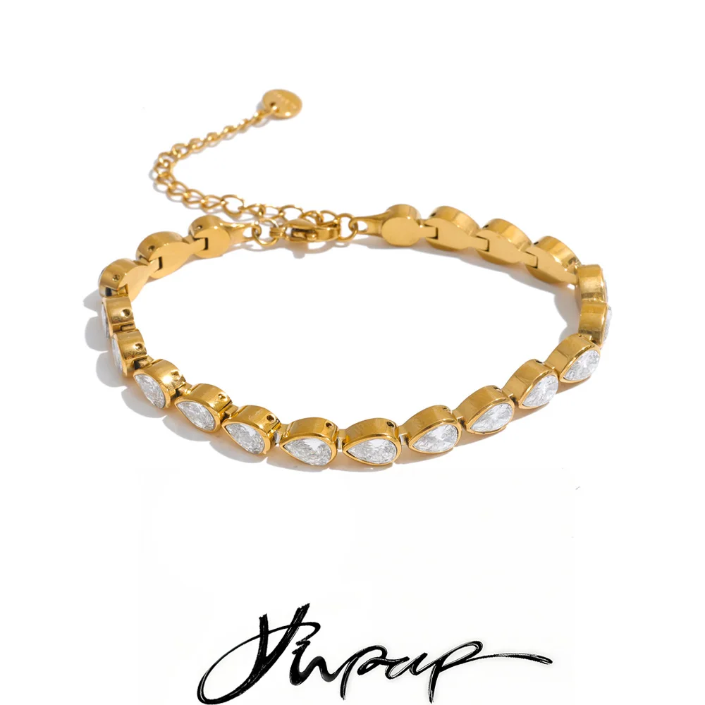 Yhpup New Stainless Steel Water Drop CZ Bracelet Bangle 18K PVD Plated Stylish Delicate Premium Attractive Jewelry