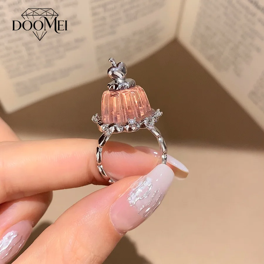 DOO MEI Irregular Pink Purple Crystal Finger Ring for Women Cute Pudding Cake Ring Retro Statement Daily Party Jewelry Gift