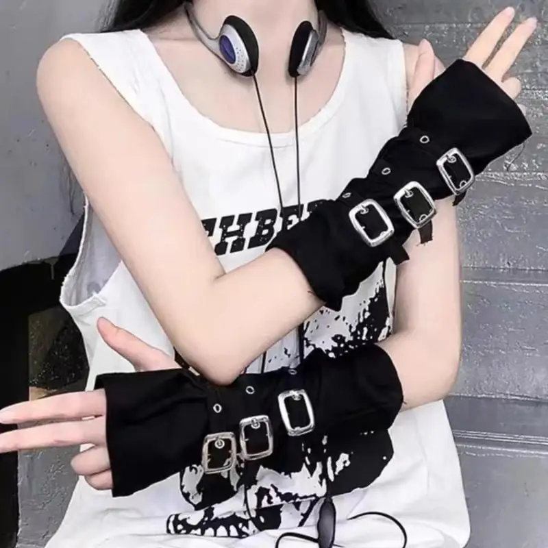 Y2K Gothic Punk Fingerless Gloves For Women Rivet Oversleeve Black Cuff Cosplay Hip Hop Fashion Costumes Accessory Streetwear