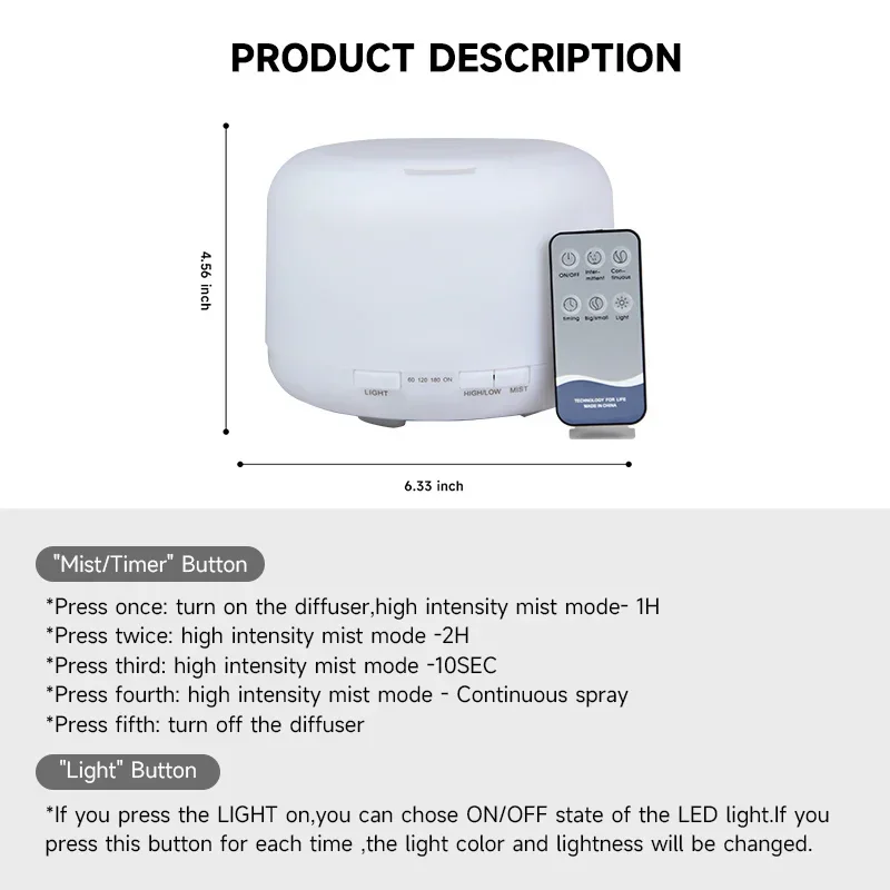 공기 가습기 에센셜 오일 아로마 디퓨저, 다채로운 야간 조명, USB 가습기, 리모컨 포함, EU US 플러그