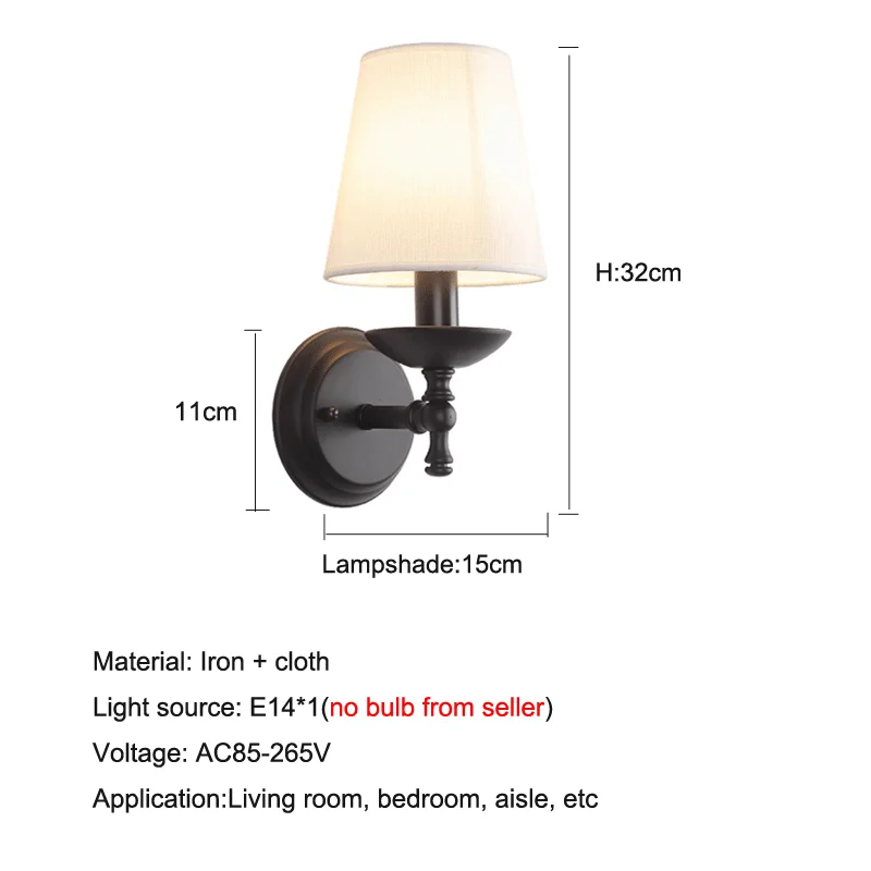 American Iron Wall Lamp Retro Living Room Bedroom Bedside European Style Countryside Study E14 Fabric Wall Light
