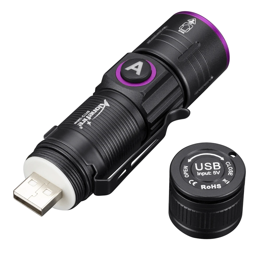 Zoom UV Flashlight USB Rechargeable 395/365nm Ultraviolet Light Money Pet Urine Tinea Stain Ore Fluorescer Marker Detector Lamp