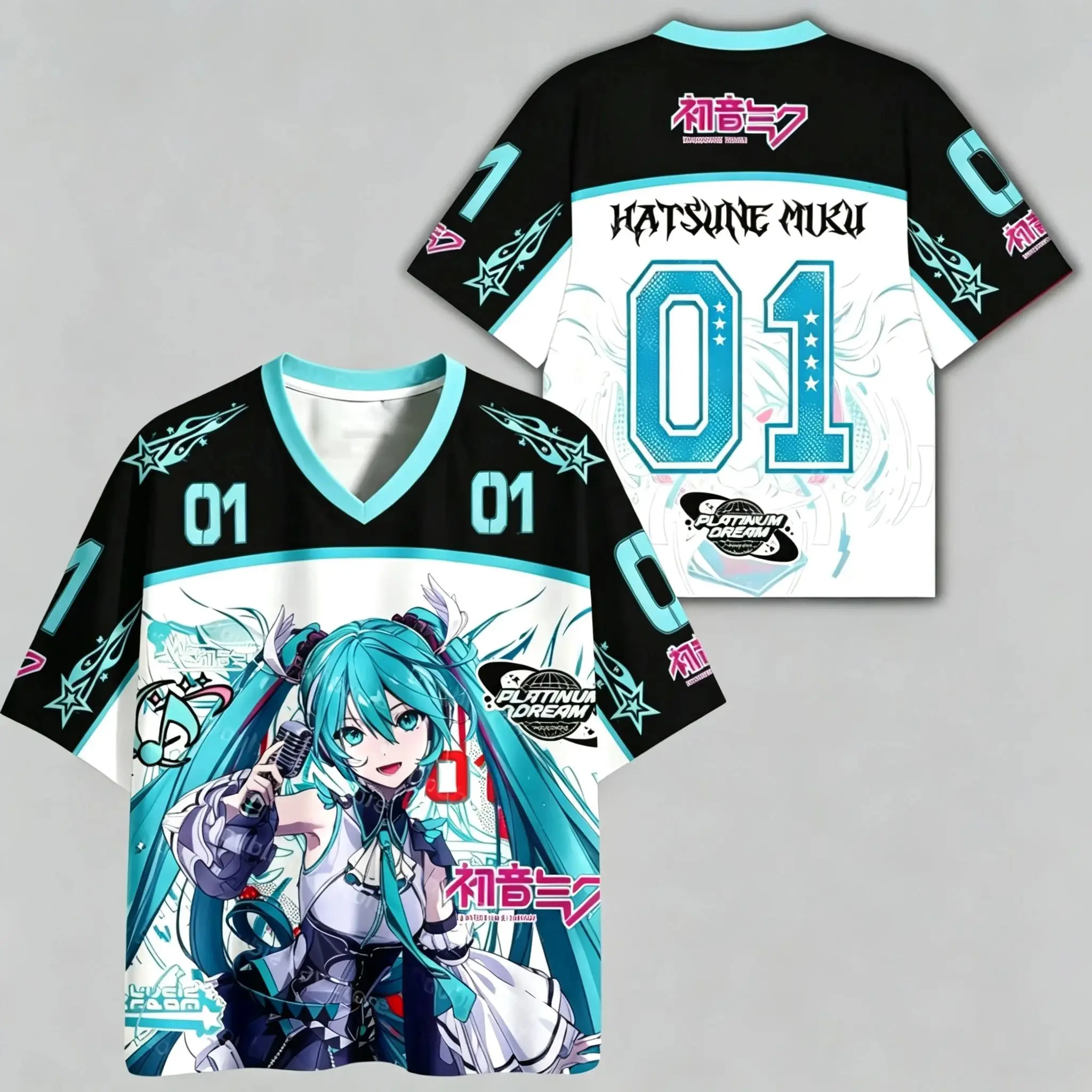 Virtual Idol Hatsune Miku Woven V-neck Y2K Jersey Autumn Quick Drying Men Women Casual Harajuku Style T-shirt Fan Gifts Kids Top