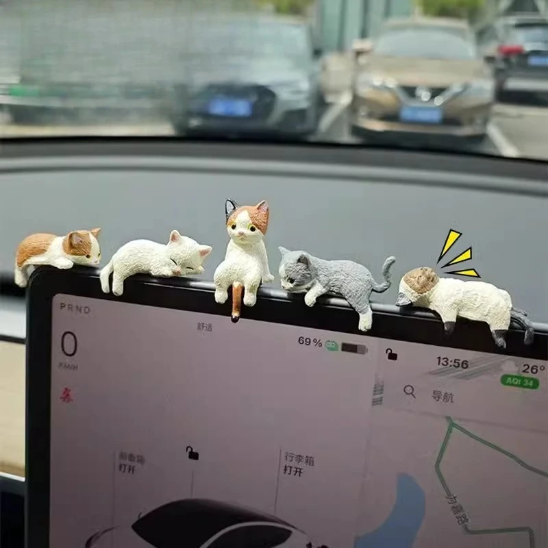 5pcs Cute Kitten Decoration Creative Sleeping Cat Doll Automobile Screen Ornaments Toys Cat Micro Landscape Decoration Gifts