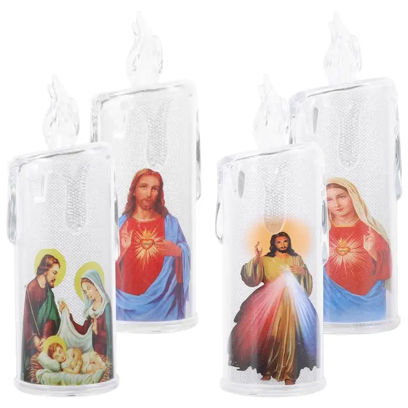 4pcs Jesus Catholic Christian Religious Ceremony Virgin Electronic Flameless LED Religious Candless Light Decoration