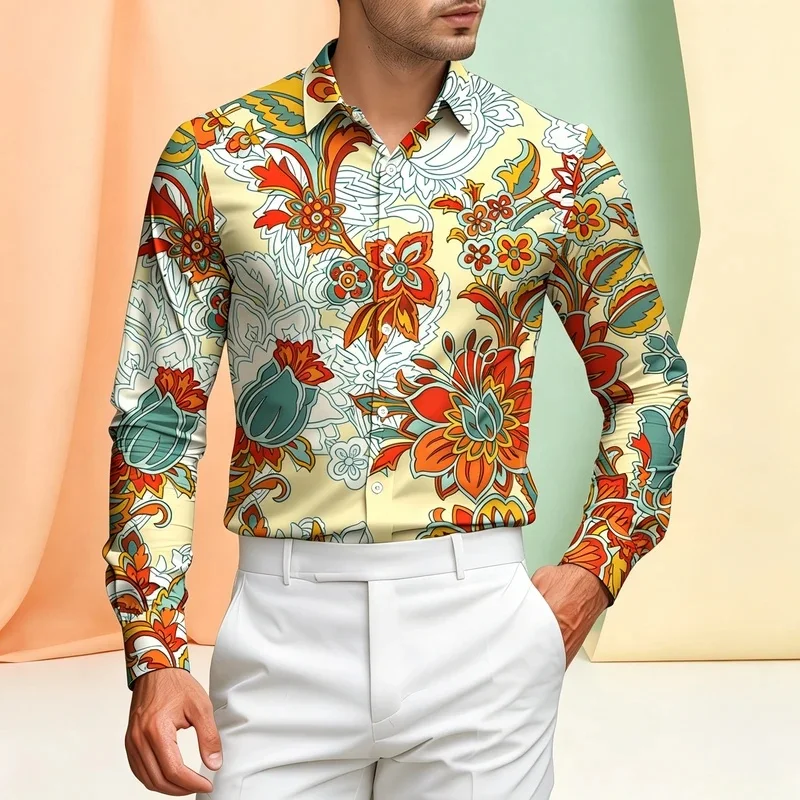 Men's Long-Sleeved Collared Shirt, Retro Patterned Smooth Satin Shirt, Slim-Fit Trendy Cardigan for Vacations and Banquets.