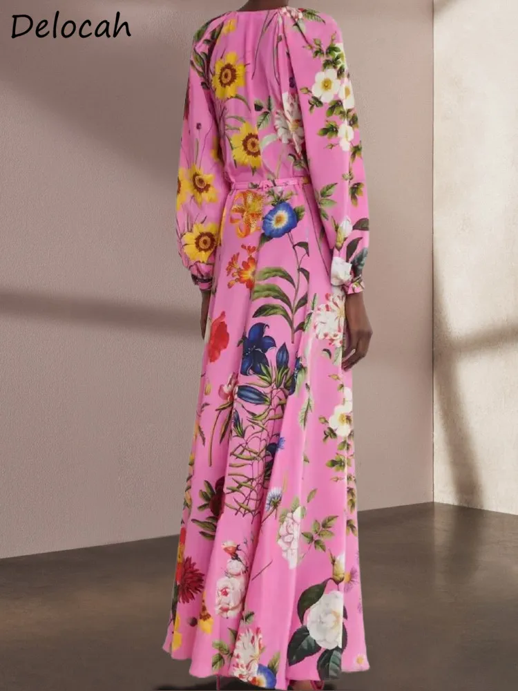 Delocah High Quality Spring Women Fashion Runway Holiday Maxi Dress With Belt Lantern Long Sleeve Flower Printed Long Dresses