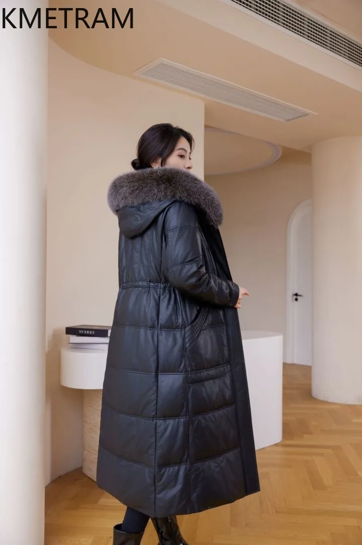 Winterjacke für Damen, echtes Schaffell, Daunenmäntel, Fuchspelzkragen, extra langer Mantel mit Kapuze, 2024, modische Damenbekleidung, xoк