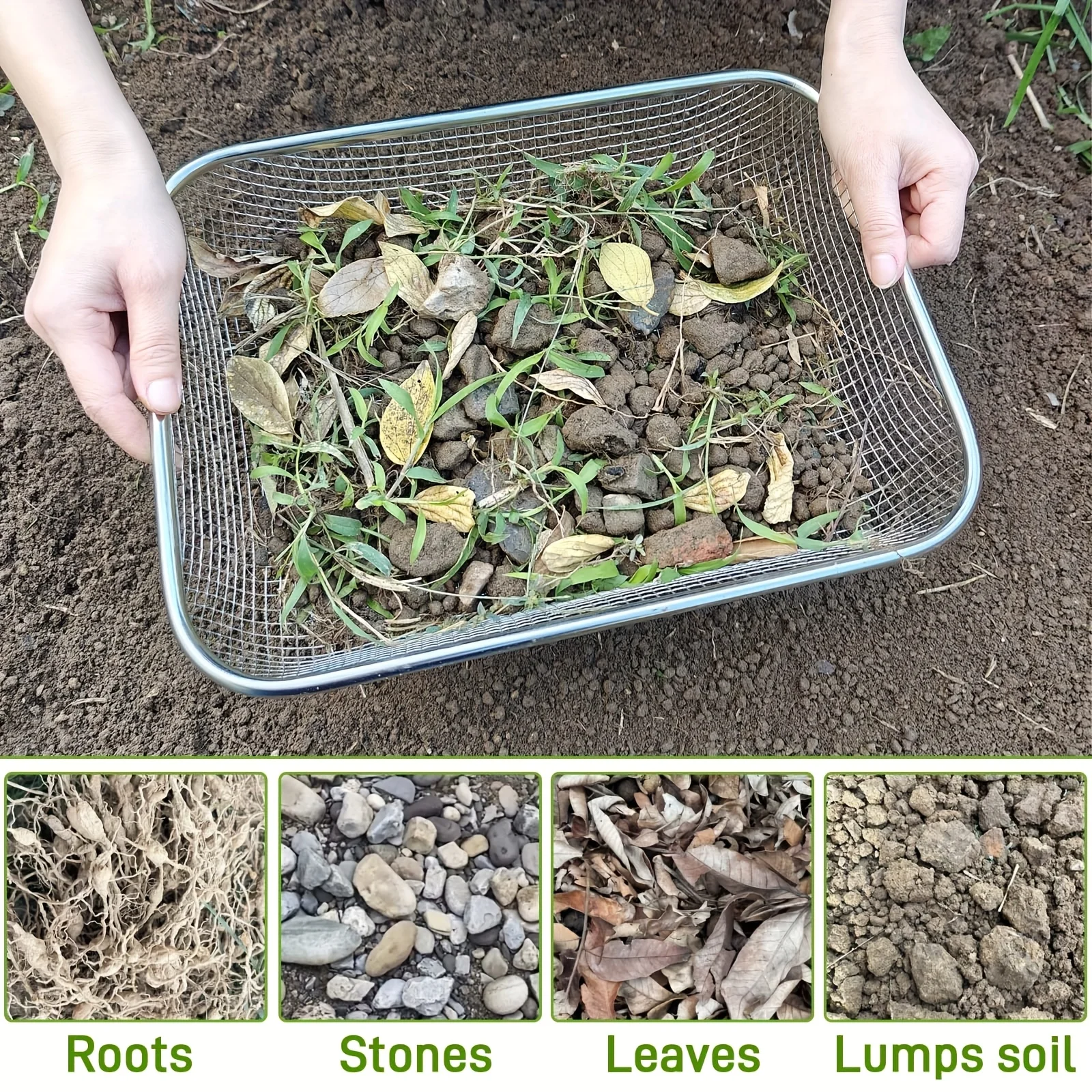 Stainless Steel Soil Sifter - Mesh Garden Sieve for Rock Sifting, Compost & Sand, Heavy-Duty Rust-Resistant Manual Hand Tool