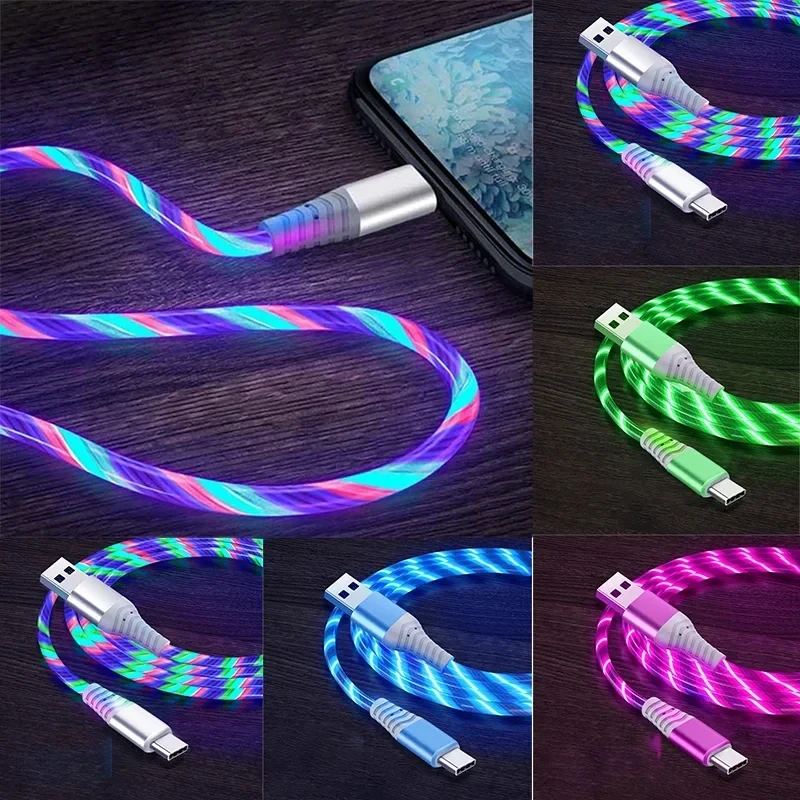 Flow Luminous USB Type C 5A Fast Charging Data Cord Cable Glowing LED Cable for Samsung Xiaomi IPhone 15 16 17 Pro Max