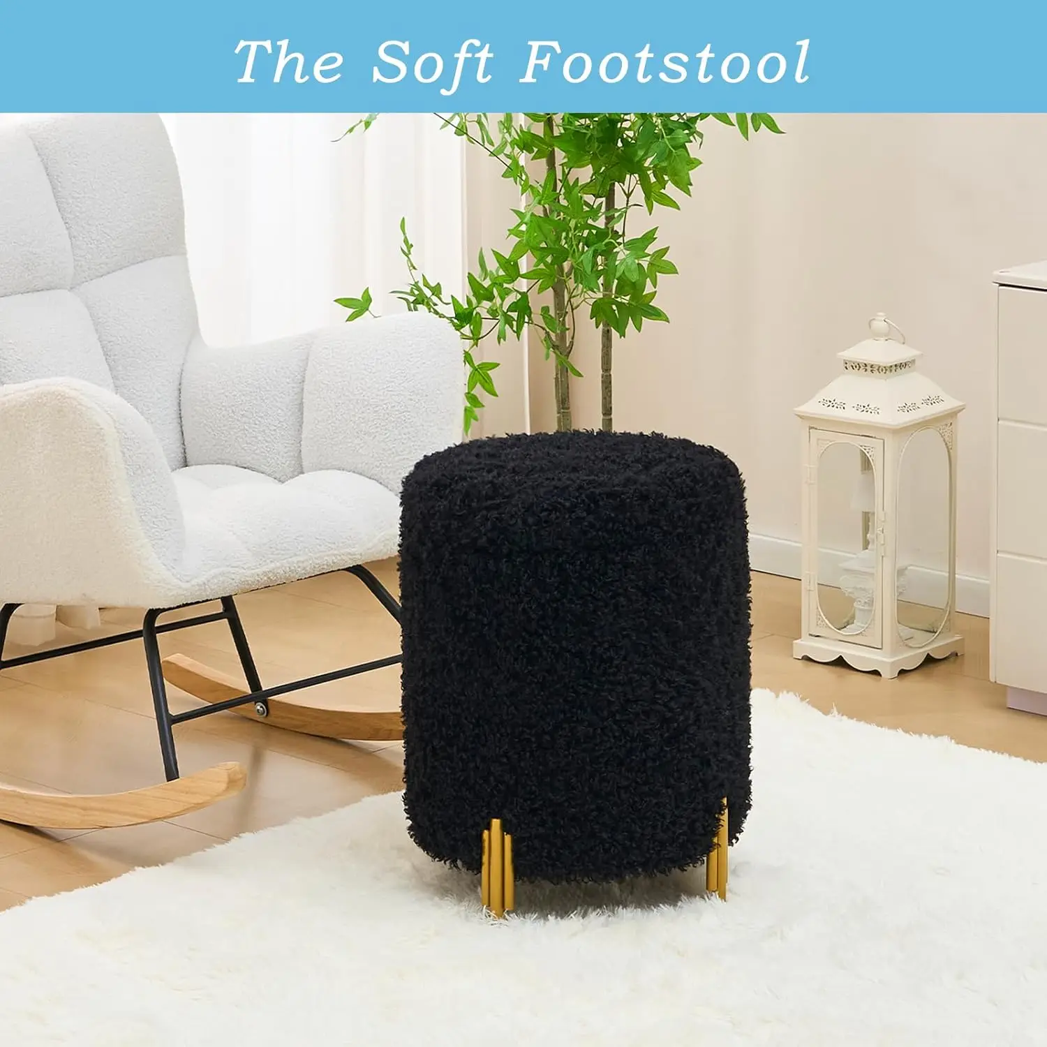 

Set of 2 Round Ottoman, Black Long Wool Padded Footrest Stool, 300lbs Vanity Seat with Storage Metal Legs for Living Room