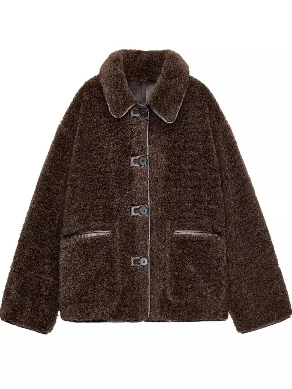 

Double-Sided Wear Leather And Fur Jacket Coat Women's Commuter Style Loose Fit Long Sleeve Button Closure Pure Color Outerwear