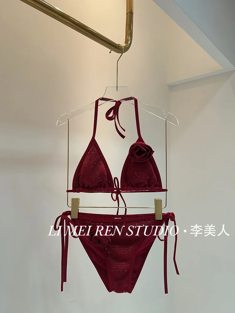 New Rose wine red glitter bikini swimsuit three piece set