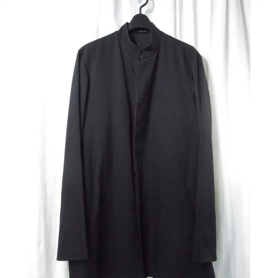 TOP-YAMAMOTO ® Minimalist Style Black Standing Collar Suit Jacket for Men - Simple Business Casual Mid-Length Style