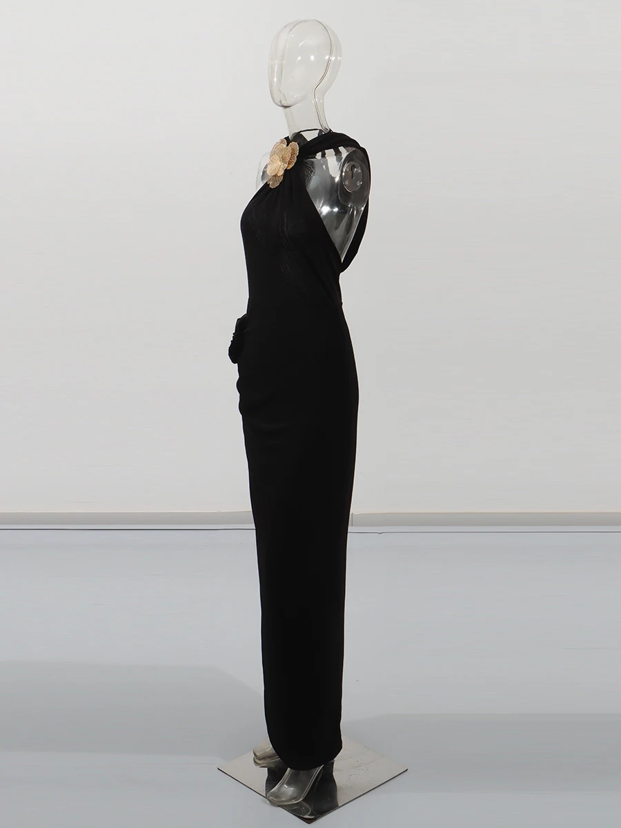 Sólido magro vestidos longos para mulheres halter pescoço sem mangas emendado apliques cintura alta temperamento vestido roupas femininas