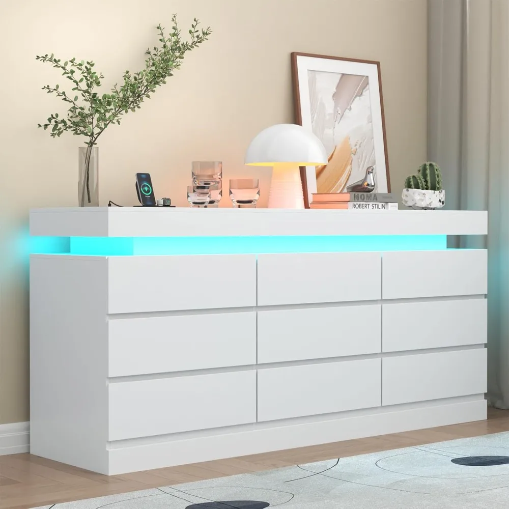 

9 Drawer Dresser with Power Outlet, Dresser with LED, Modern Chest of Drawers for Closet, Triple Wide Drawer Organizer Cabinet
