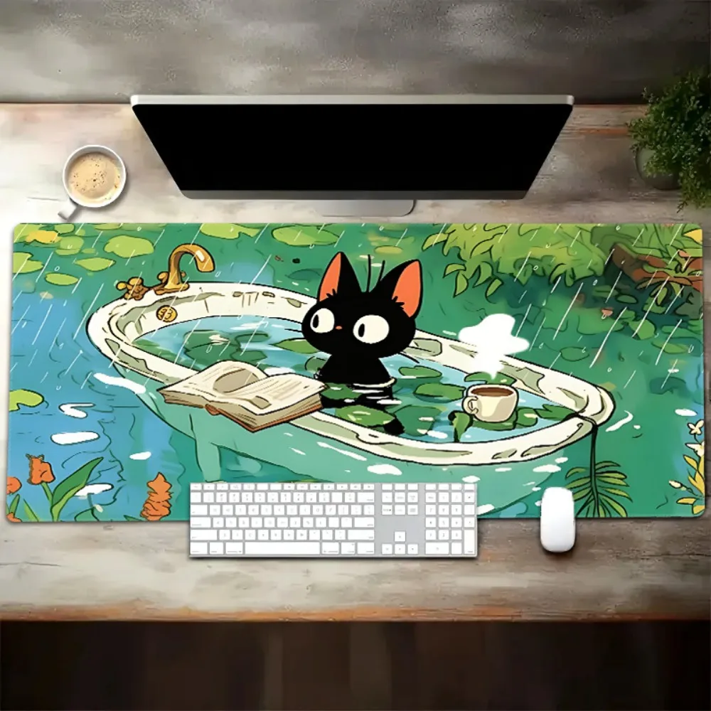Niedliche Schwarze Katze Jiji in der Badewanne Großes Gaming-Mauspad XXL Erweiterte Schreibtischunterlage Anime Studio Ghibli Deko für Büro und Zuhause