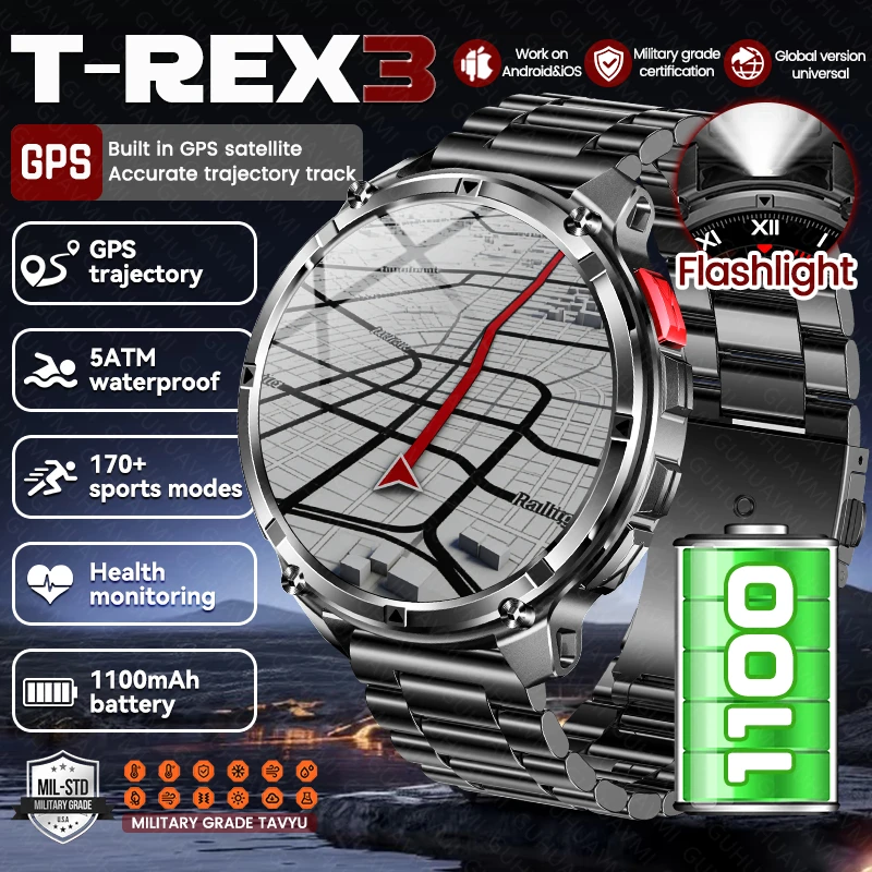 Reloj Inteligente Deportivo 2026 con GPS, Batería de 1100 mAh, Linterna, Resistente al Agua 5ATM, Llamadas Bluetooth, Pantalla AMOLED HD para Hombre