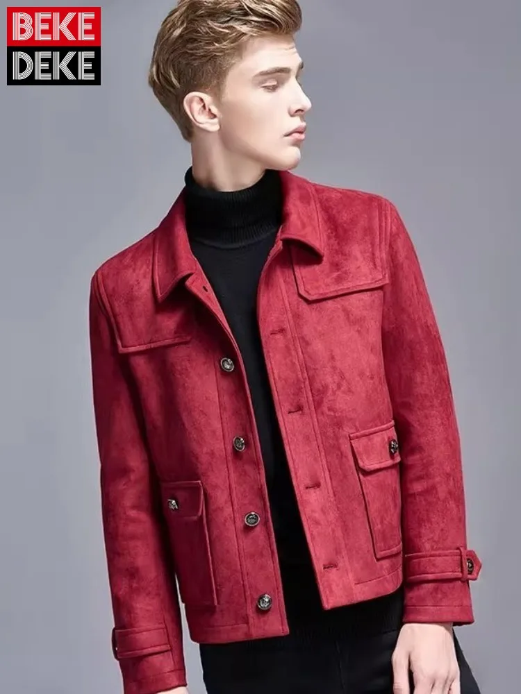 

Осенняя мужская куртка из искусственной замши в британском стиле, однобортное деловое повседневное пальто, модная короткая верхняя одежда с отложным воротником