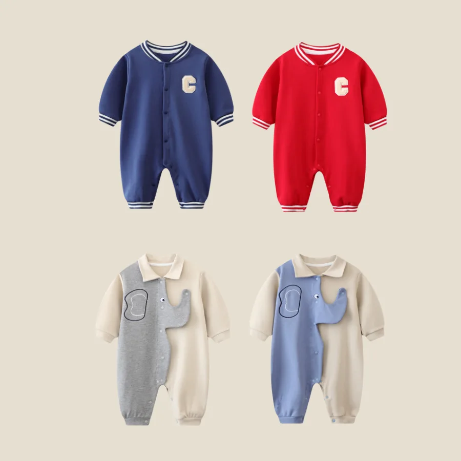 

2023 Spring Autumn Baby Boys Rompers Cartoon Dinosaurs Patchwork Infant Boys Bodysuit Striped Long Sleeve Newborn Boys Outfits