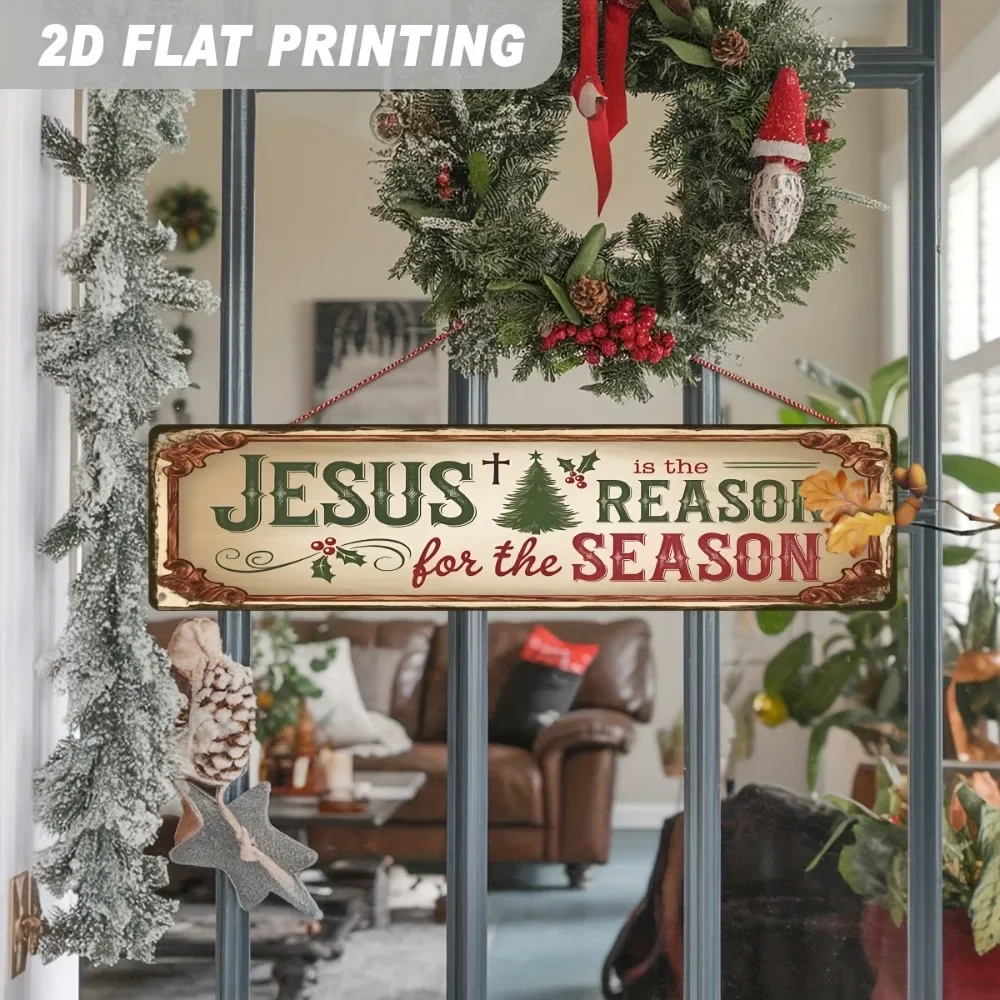 2D Flat Religious Christmas Aluminum Wall Sign, Seasonal Vintage Farmhouse Style Hanging Plaque, Holiday Wall Art for Home Decoration