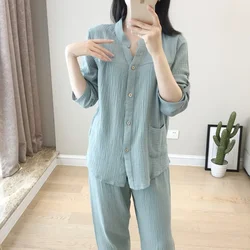 Spring / Autumn Women's Pajamas Loose Long Sleeve Trouser Suits Thin Cotton Crepe Home Clothes Solid Sleepwear 2 Piece Set