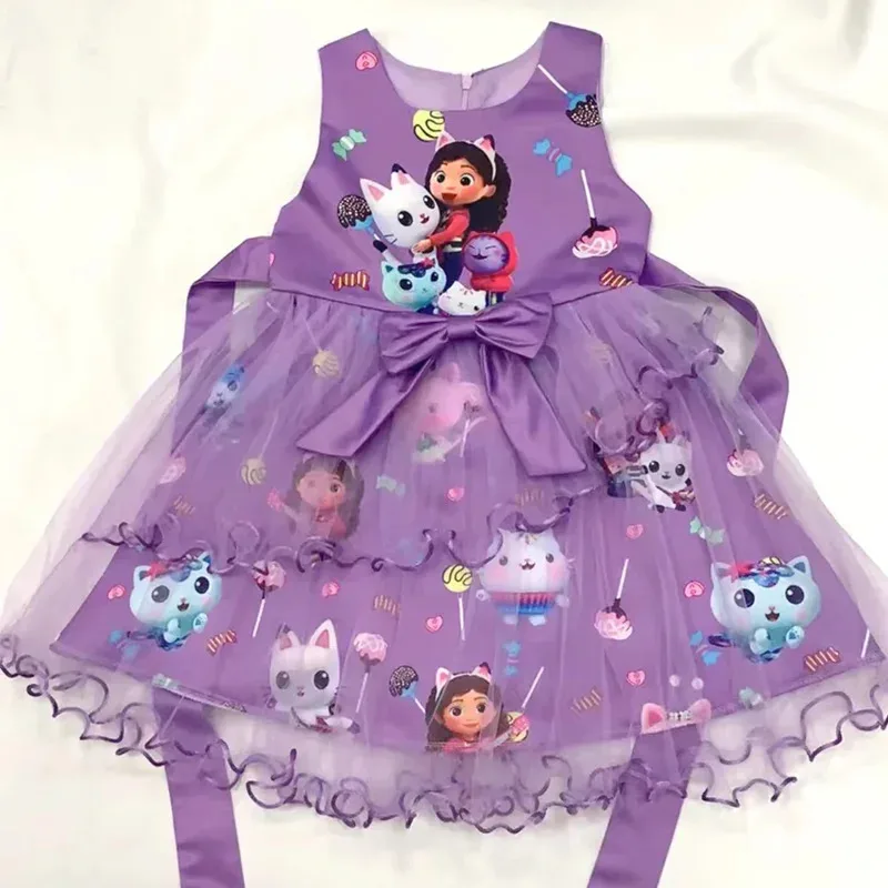 Nuevo disfraz de casa de muñecas Gabbys para niña, vestido de encaje, moda para chico, vestido de princesa con estampado de lazo, ropa tipo túnica para niños